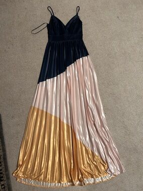 By Chapter Color Block Pleated Satin Maxi Dress Navy Blush Gold Size Small